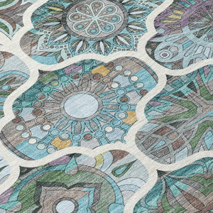 HomeRoots 9' Teal Blue & Ivory Quatrefoil Area Rug - Washable, Durable Design for Indoor & Outdoor Spaces 640674