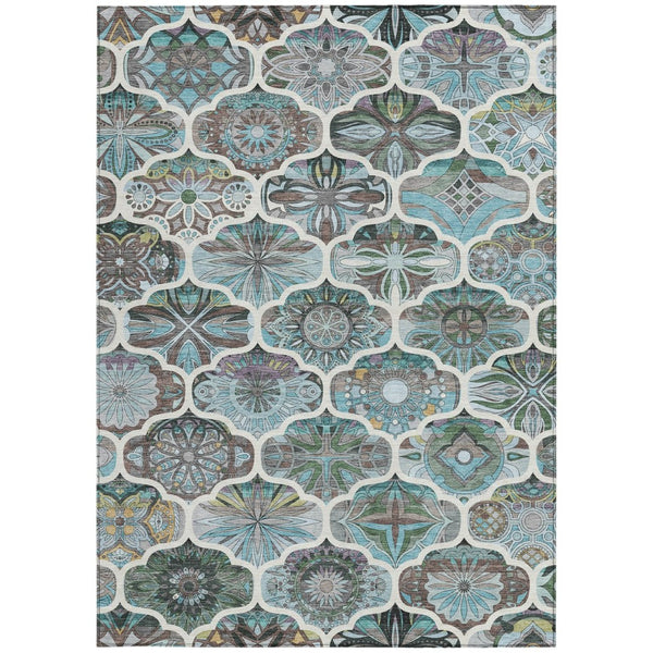 HomeRoots 10' X 14' Teal Blue & Ivory Quatrefoil Washable Rug - Durable Indoor/Outdoor Style for High Traffic Areas 640675