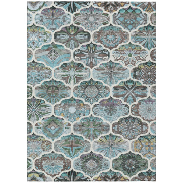 HomeRoots 10' X 14' Teal Blue & Ivory Quatrefoil Washable Rug - Durable Indoor/Outdoor Style for High Traffic Areas 640675