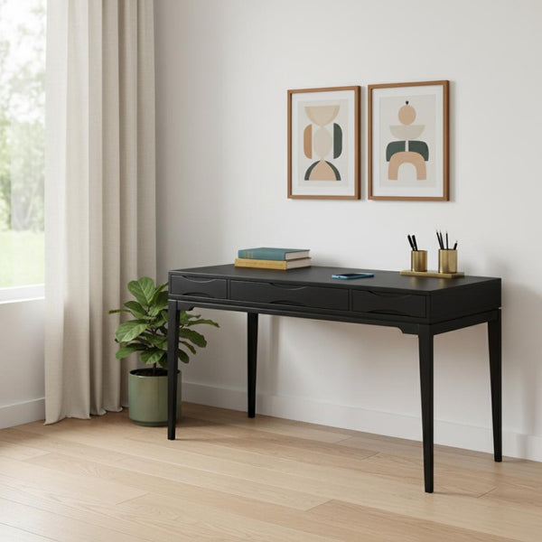 HomeRoots 60" Black Wood Computer Desk - Mid-Century Modern Design, Durable, Spacious & Stylish Workspace Solution 640677