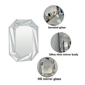English Elm Diamond Frameless Beveled Wall Mirror Sculptural Silver Glass Accent for Any Room W3836P409964