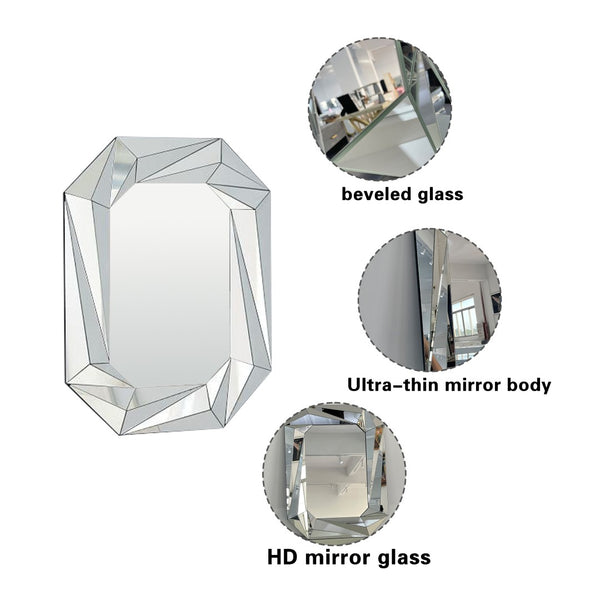 English Elm Diamond Frameless Beveled Wall Mirror Sculptural Silver Glass Accent for Any Room W3836P409964