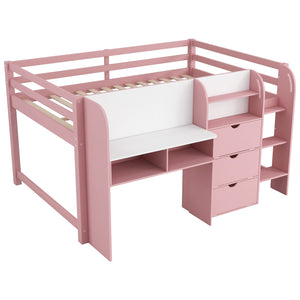 English Elm Full Size Low Loft Bed With Desk, Storage, Bookcase & Fun Whiteboard For Kids - Pink Design N7090005005H