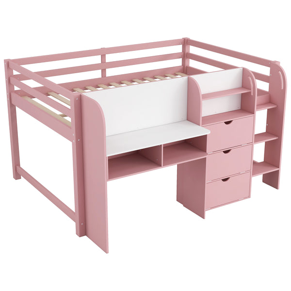 English Elm Full Size Low Loft Bed With Desk, Storage, Bookcase & Fun Whiteboard For Kids - Pink Design N7090005005H