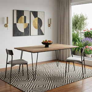 66 Inch Solid Wood Iron Base Dining Table Rustic Industrial Style Seats Six
