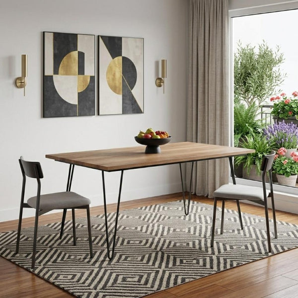 66 Inch Solid Wood Iron Base Dining Table Rustic Industrial Style Seats Six