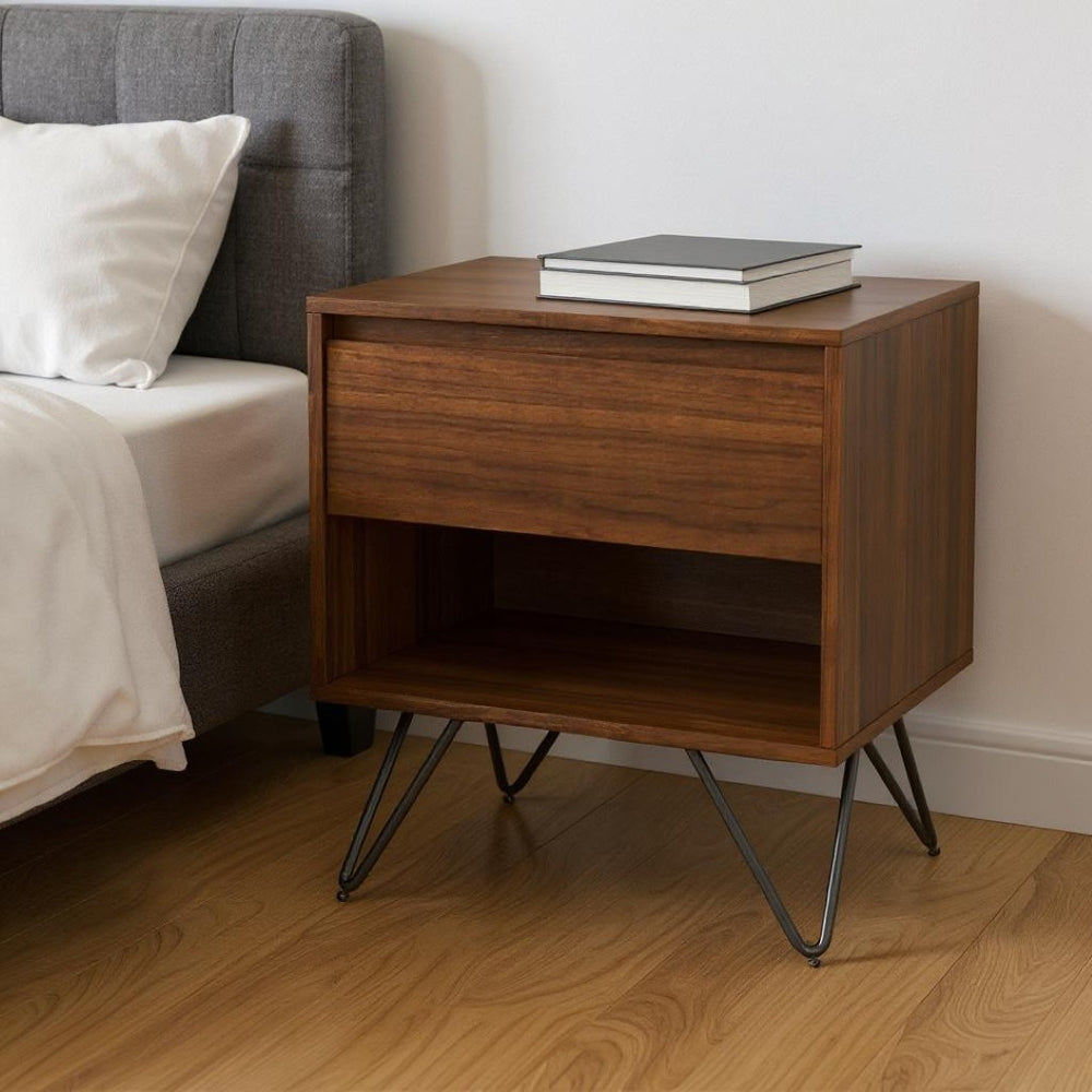 HomeRoots 24" Walnut Solid Wood Nightstand with Two Drawers - Mid-Century Modern Design for Versatile Storage 640741