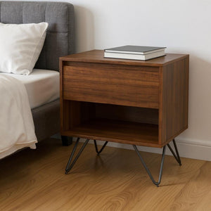 HomeRoots 24" Walnut Solid Wood Nightstand with Two Drawers - Mid-Century Modern Design for Versatile Storage 640741