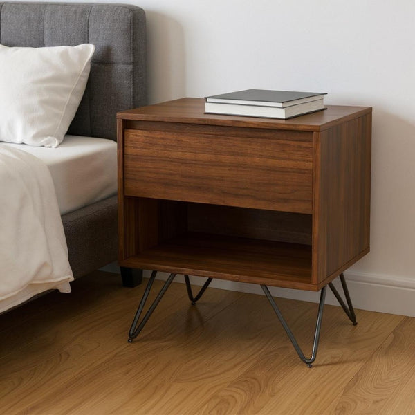 HomeRoots 24" Walnut Solid Wood Nightstand with Two Drawers - Mid-Century Modern Design for Versatile Storage 640741