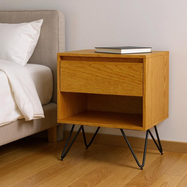 HomeRoots 24" Oak Solid Wood Nightstand with Two Drawers – Timeless Mid-Century Design for Every Room 640743