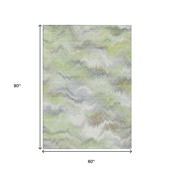 HomeRoots 5' Stylish Artichoke Green and Ivory Abstract Washable Rug for Indoor/Outdoor Versatile Decor 640745
