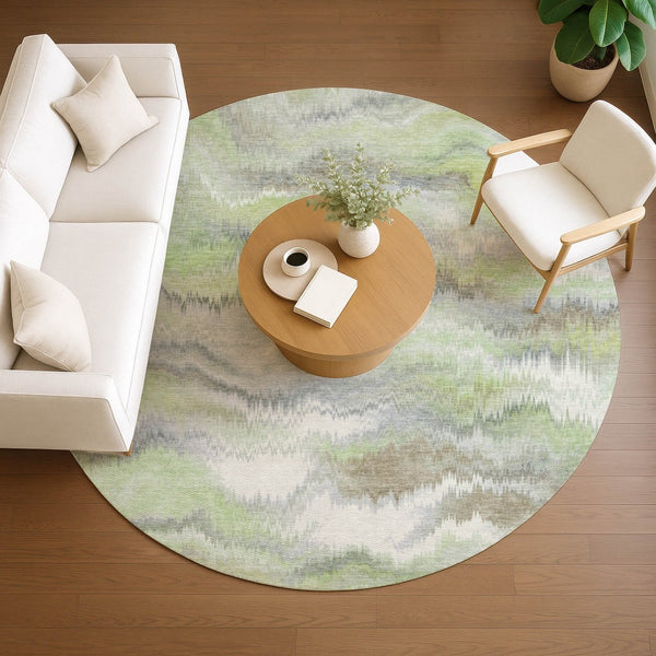 HomeRoots 8' Artichoke Green and Ivory Round Abstract Rug – Washable, Durable, Stylish for Indoor & Outdoor Use 640746