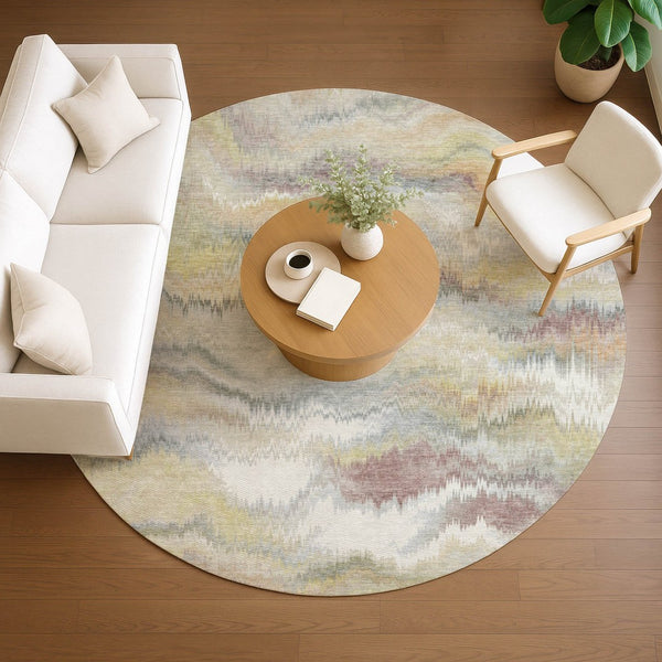 HomeRoots 8' Beige and Ivory Abstract Round Rug - Stylish, Washable, Durable Indoor/Outdoor Area Rug for Any Space 640752
