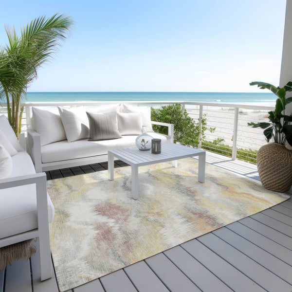 HomeRoots 9' X 12' Beige and Ivory Abstract Area Rug - Stylish, Washable, Durable for Indoor & Outdoor Spaces 640754