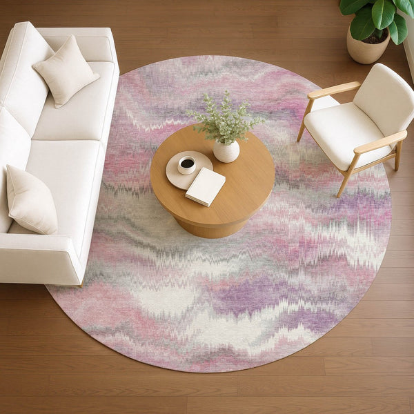 HomeRoots 8' Blush and Ivory Round Abstract Washable Rug – Stylish, Durable for Indoor/Outdoor Spaces! 640758