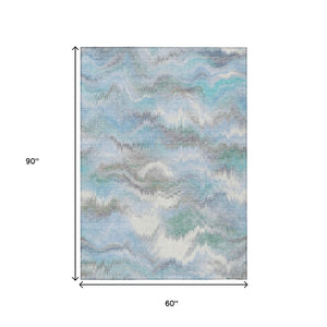 HomeRoots 5' X 8' Denim Blue & Ivory Abstract Washable Area Rug - Stylish, Durable, Versatile for Indoor/Outdoor Use 640763