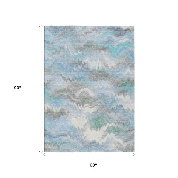 HomeRoots 5' X 8' Denim Blue & Ivory Abstract Washable Area Rug - Stylish, Durable, Versatile for Indoor/Outdoor Use 640763