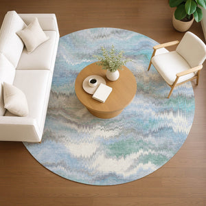 HomeRoots 8' Denim Blue and Ivory Round Abstract Area Rug - Durable, Washable, Indoor/Outdoor, Stain Resistant 640764