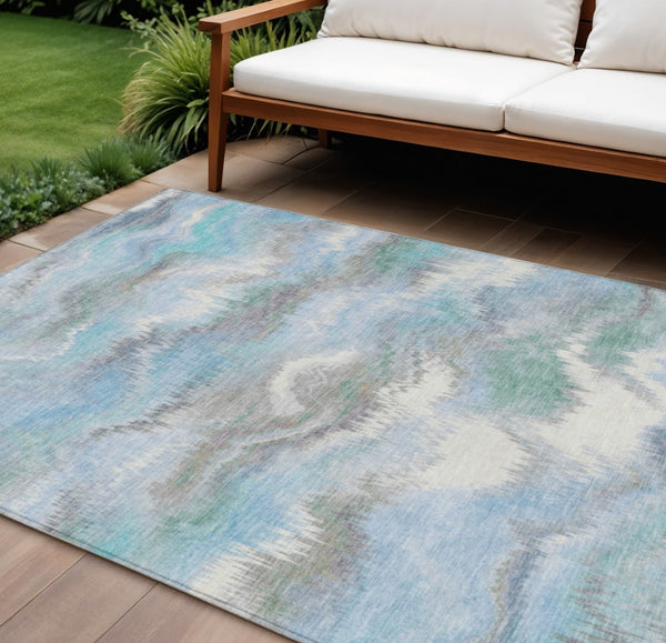 HomeRoots 9' X 12' Denim Blue & Ivory Abstract Area Rug - Washable, Durable, Indoor/Outdoor Versatile Design 640766