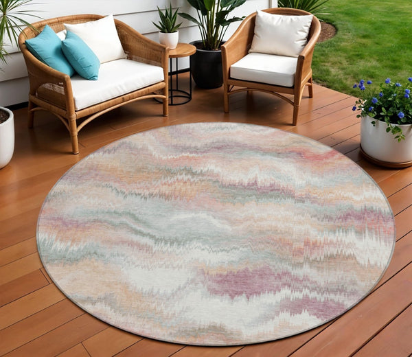 HomeRoots 8' Peach and Ivory Round Abstract Area Rug - Durable, Washable, Modern Design for Indoor & Outdoor Use 640770