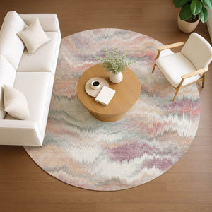 HomeRoots 8' Peach and Ivory Round Abstract Area Rug - Durable, Washable, Modern Design for Indoor & Outdoor Use 640770