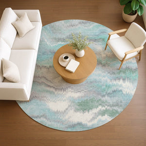 HomeRoots 8' Teal Blue and Ivory Round Washable Rug - Stylish Abstract Design for Indoor & Outdoor Spaces 640776