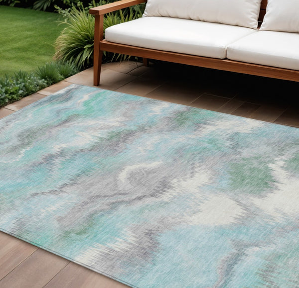HomeRoots 10' Teal Blue and Ivory Abstract Area Rug - Washable Indoor/Outdoor Floor Covering for Stylish Spaces 640779