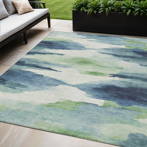 HomeRoots 5' X 8' Abstract Washable Area Rug in Blue, Ivory & Green – Durable, Stylish for Indoor & Outdoor Use 640781