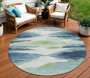 HomeRoots 8' Modern Abstract Blue Ivory Green Round Area Rug - Washable, Durable for Indoor & Outdoor Use 640782