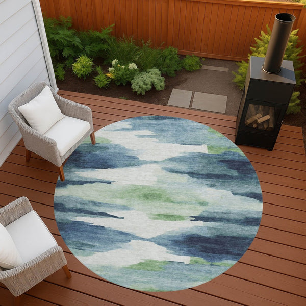 HomeRoots 8' Modern Abstract Blue Ivory Green Round Area Rug - Washable, Durable for Indoor & Outdoor Use 640782