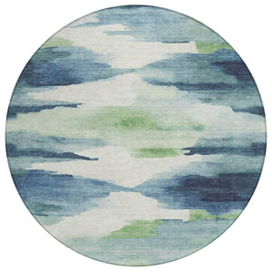 HomeRoots 8' Modern Abstract Blue Ivory Green Round Area Rug - Washable, Durable for Indoor & Outdoor Use 640782