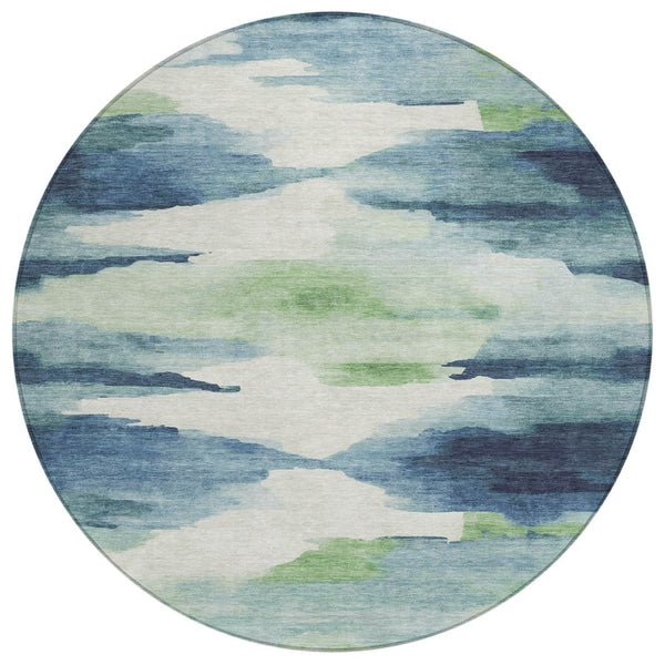 HomeRoots 8' Modern Abstract Blue Ivory Green Round Area Rug - Washable, Durable for Indoor & Outdoor Use 640782