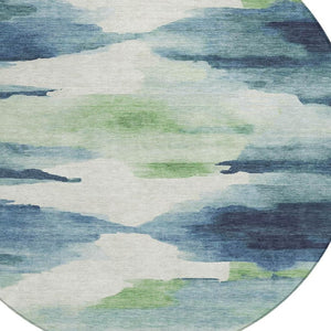 HomeRoots 8' Modern Abstract Blue Ivory Green Round Area Rug - Washable, Durable for Indoor & Outdoor Use 640782