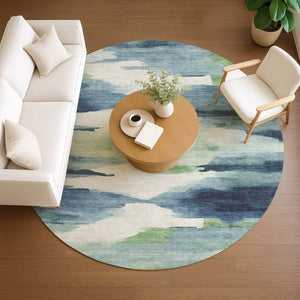 HomeRoots 8' Modern Abstract Blue Ivory Green Round Area Rug - Washable, Durable for Indoor & Outdoor Use 640782
