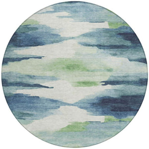 HomeRoots 8' Modern Abstract Blue Ivory Green Round Area Rug - Washable, Durable for Indoor & Outdoor Use 640782
