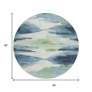 HomeRoots 8' Modern Abstract Blue Ivory Green Round Area Rug - Washable, Durable for Indoor & Outdoor Use 640782