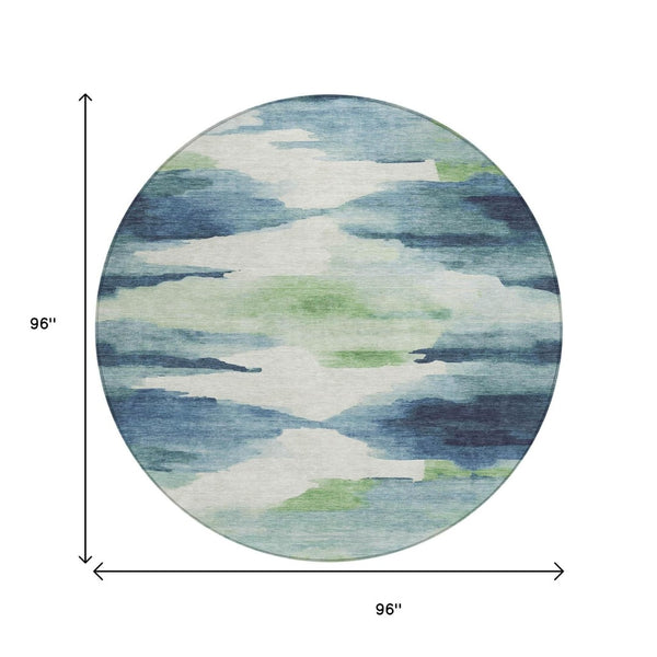 HomeRoots 8' Modern Abstract Blue Ivory Green Round Area Rug - Washable, Durable for Indoor & Outdoor Use 640782