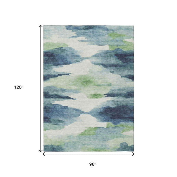 HomeRoots 8' X 10' Modern Blue Ivory Green Abstract Washable Area Rug for Indoor & Outdoor Spaces, Durable Design 640783