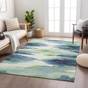 HomeRoots 8' X 10' Modern Blue Ivory Green Abstract Washable Area Rug for Indoor & Outdoor Spaces, Durable Design 640783
