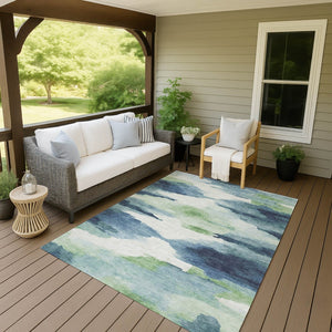 HomeRoots 9' X 12' Abstract Blue Ivory Green Area Rug - Stylish, Washable, Indoor/Outdoor, Durable & Easy-Care! 640784