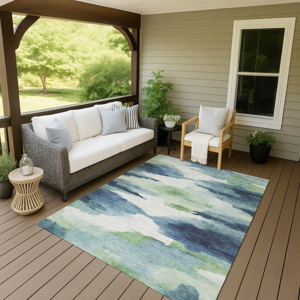 HomeRoots 9' X 12' Abstract Blue Ivory Green Area Rug - Stylish, Washable, Indoor/Outdoor, Durable & Easy-Care! 640784