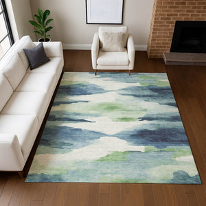 HomeRoots 9' X 12' Abstract Blue Ivory Green Area Rug - Stylish, Washable, Indoor/Outdoor, Durable & Easy-Care! 640784