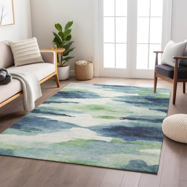 HomeRoots 9' X 12' Abstract Blue Ivory Green Area Rug - Stylish, Washable, Indoor/Outdoor, Durable & Easy-Care! 640784