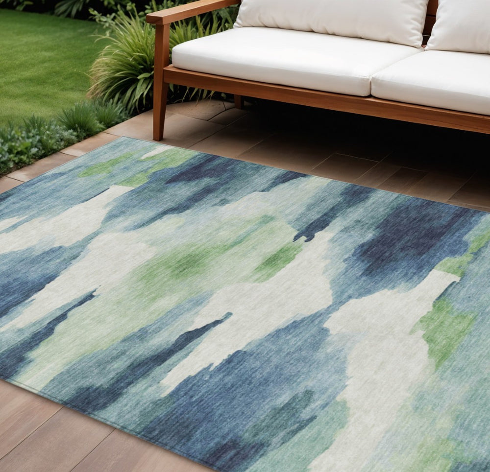 HomeRoots 10' Blue, Ivory & Green Abstract Washable Area Rug - Perfect for Indoor/Outdoor Spaces, Stain-Resistant! 640785