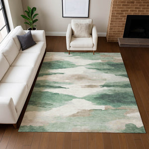 HomeRoots 5' Stylish Green and Ivory Abstract Area Rug – Washable, Durable, Indoor/Outdoor Versatility for Homes 640787