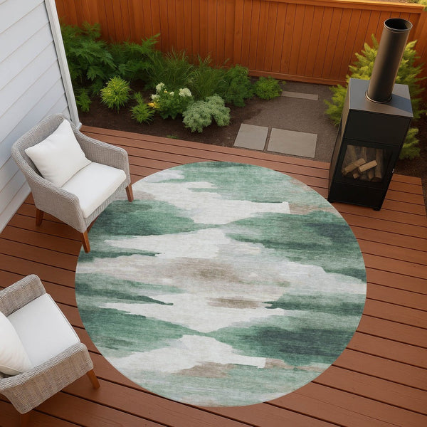 HomeRoots 8' Green and Ivory Round Abstract Area Rug – Stylish, Washable, Durable for Indoor & Outdoor Use! 640788