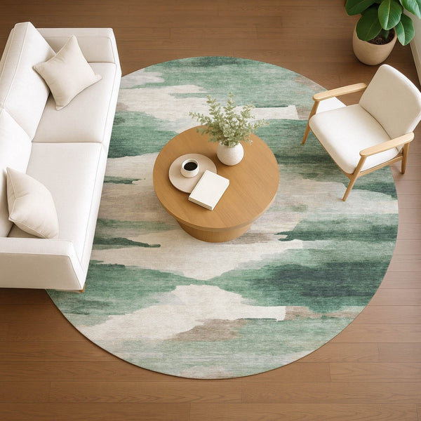 HomeRoots 8' Green and Ivory Round Abstract Area Rug – Stylish, Washable, Durable for Indoor & Outdoor Use! 640788