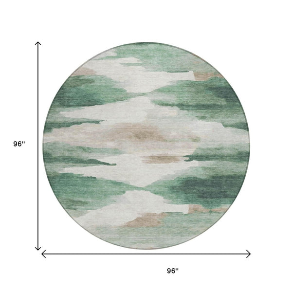 HomeRoots 8' Green and Ivory Round Abstract Area Rug – Stylish, Washable, Durable for Indoor & Outdoor Use! 640788