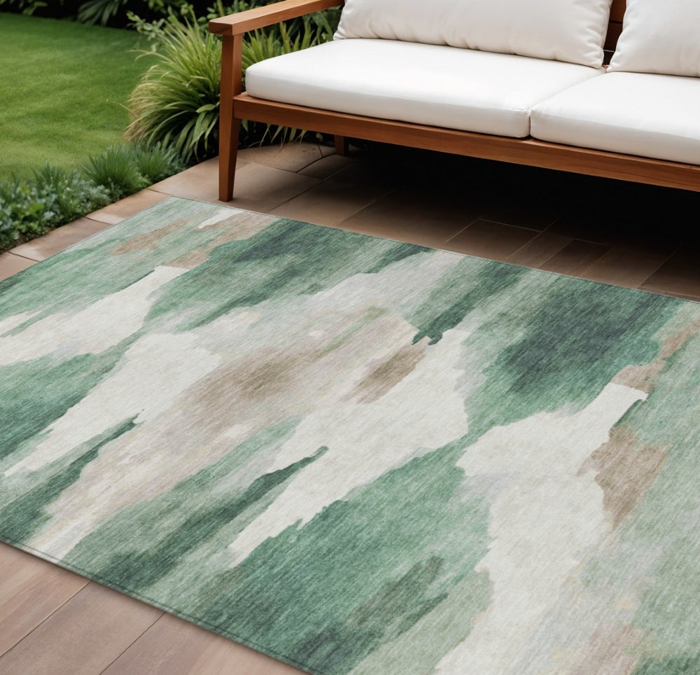 HomeRoots 9' X 12' Green and Ivory Abstract Area Rug – Durable, Washable, Modern Design for Indoors & Outdoors 640790