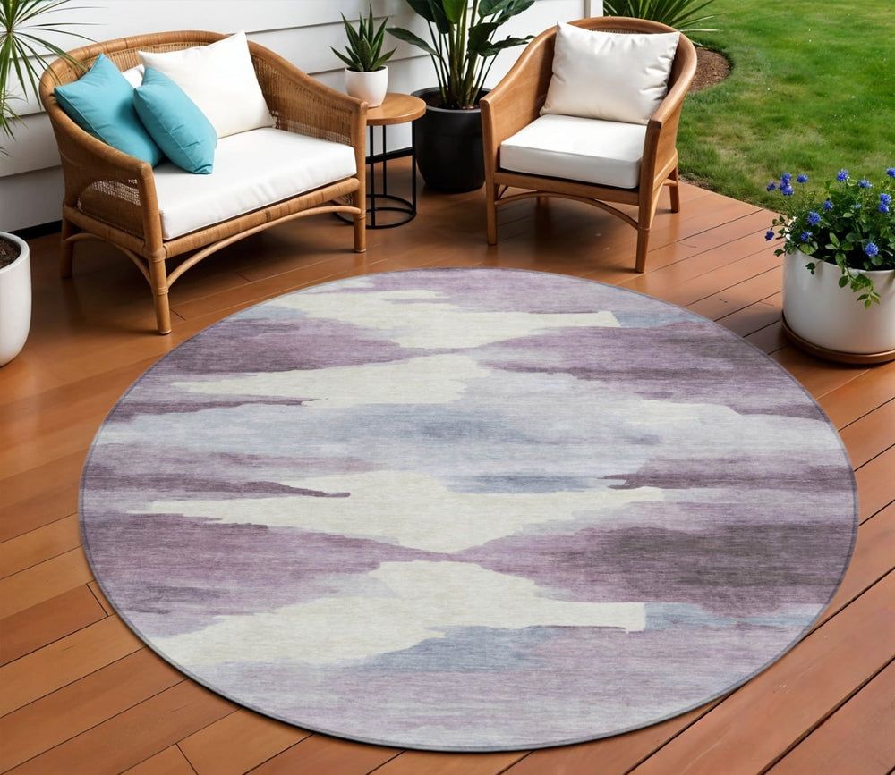 HomeRoots 8' Plum and Ivory Abstract Round Indoor Outdoor Area Rug - Stylish, Durable, Easy-Care Design for All Spaces 640794